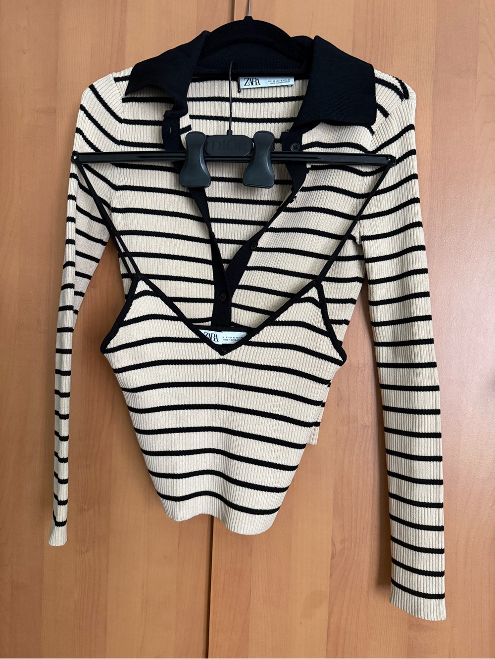 Zara Cream and Black Striped Ribbed Polo Cardigan&Cami Top